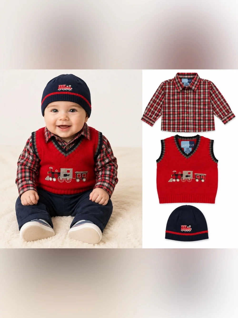 Goodlad Baby Boy 3-Piece Train Sweater Vest Plaid Shirt & Beanie Set 3-6M